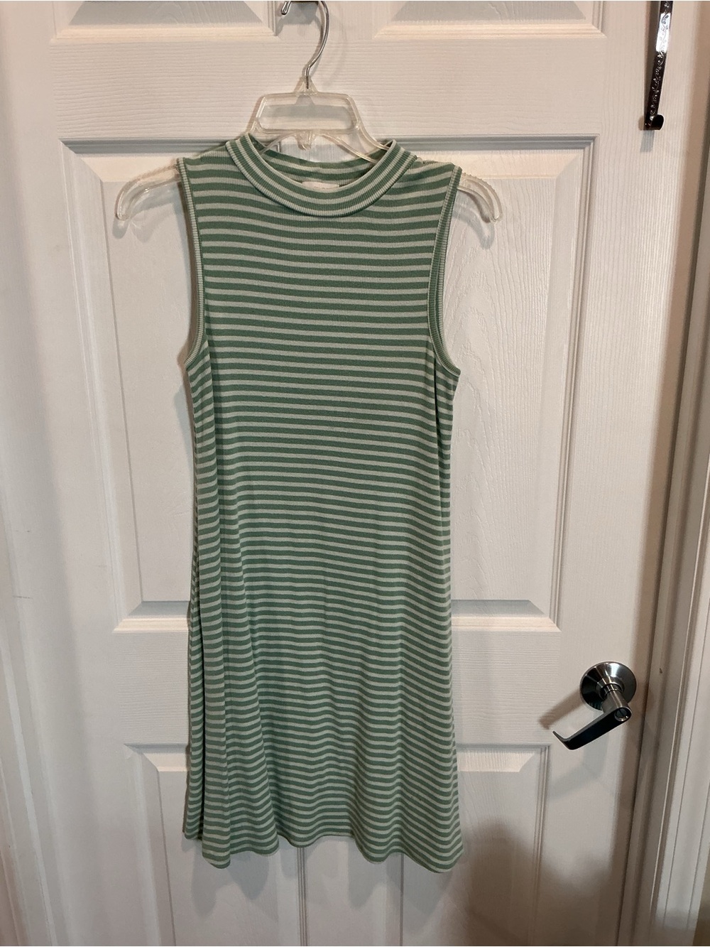 Sleeveless Mock Neck Stripe Dress in Sage Green